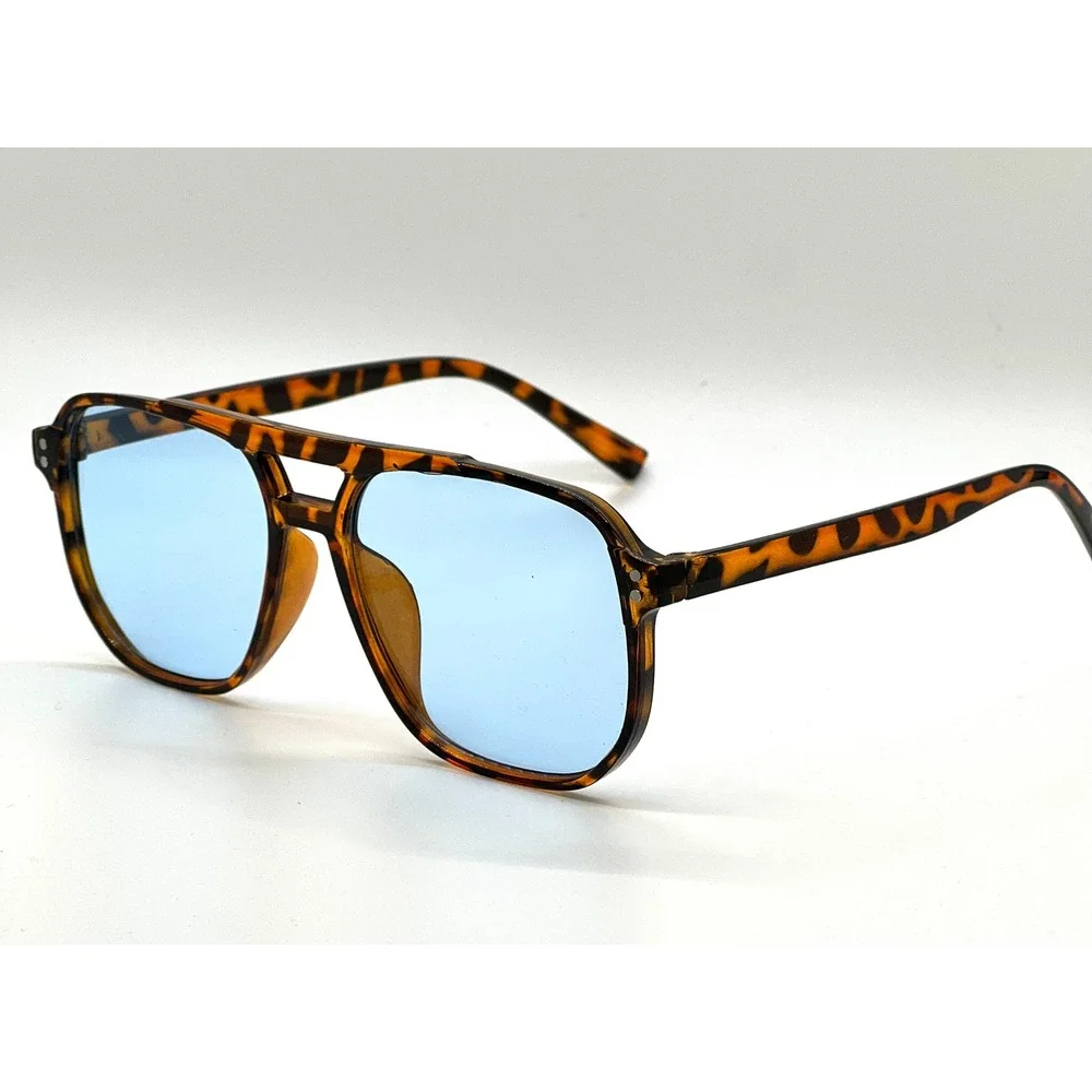 Mens Tortoiseshell Square Sunglasses Light Blue Tint Lens Retro Navigator Classy